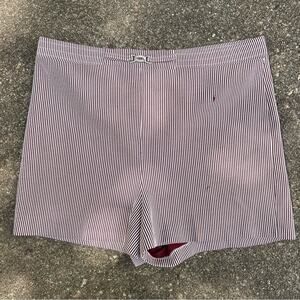 Vintage MCM Hot Pants maroon white striped polyester short shorts silver buckle